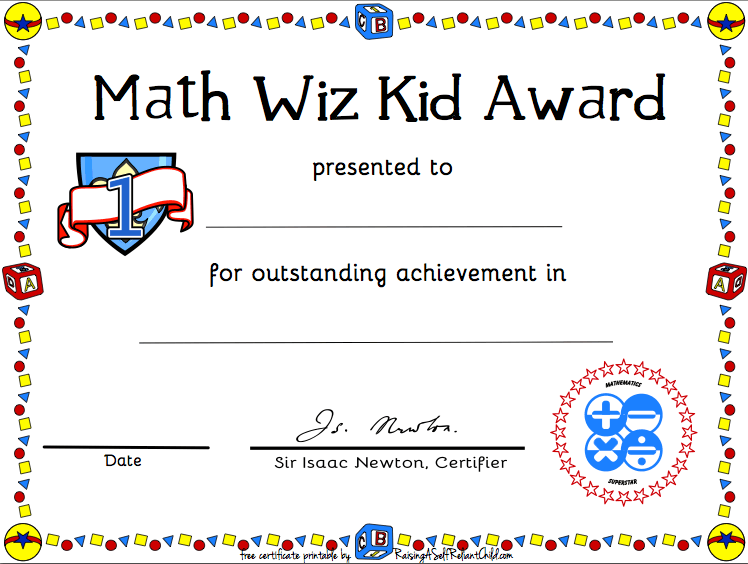 Free Printable Math Certificate of Achievement Wiz Kid Award PDF